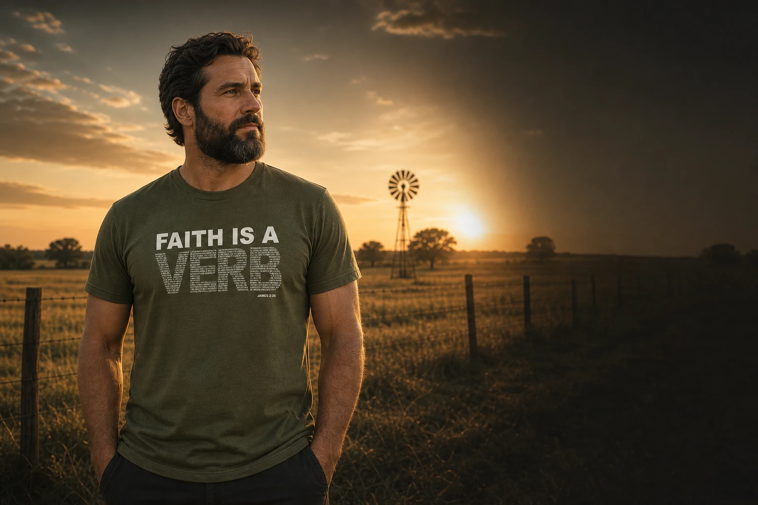 Man wearing the olive-green Faith Is a Verb shirt in a field at sunset
